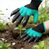 green and black garden gloves with plastic digging claws, designed for planting and digging tasks