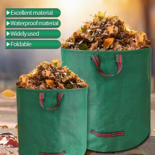 Green heavy duty waterproof foldable garden leaf bags filled with dry leaves, showing portable handle design for yard waste collection