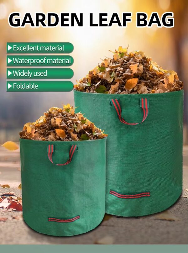 Green heavy duty waterproof foldable garden leaf bags filled with dry leaves, showing portable handle design for yard waste collection