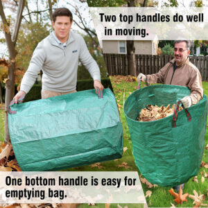 Green heavy duty waterproof foldable garden leaf bags filled with dry leaves