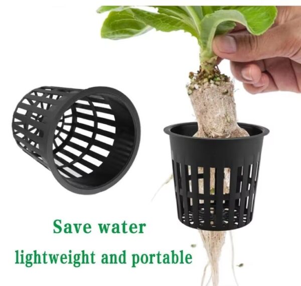 black plastic net cup basket mesh pot main set slotted mesh pot with potted plant stackable plastic net cups for hydroponics close-up of mesh pot drainage holes